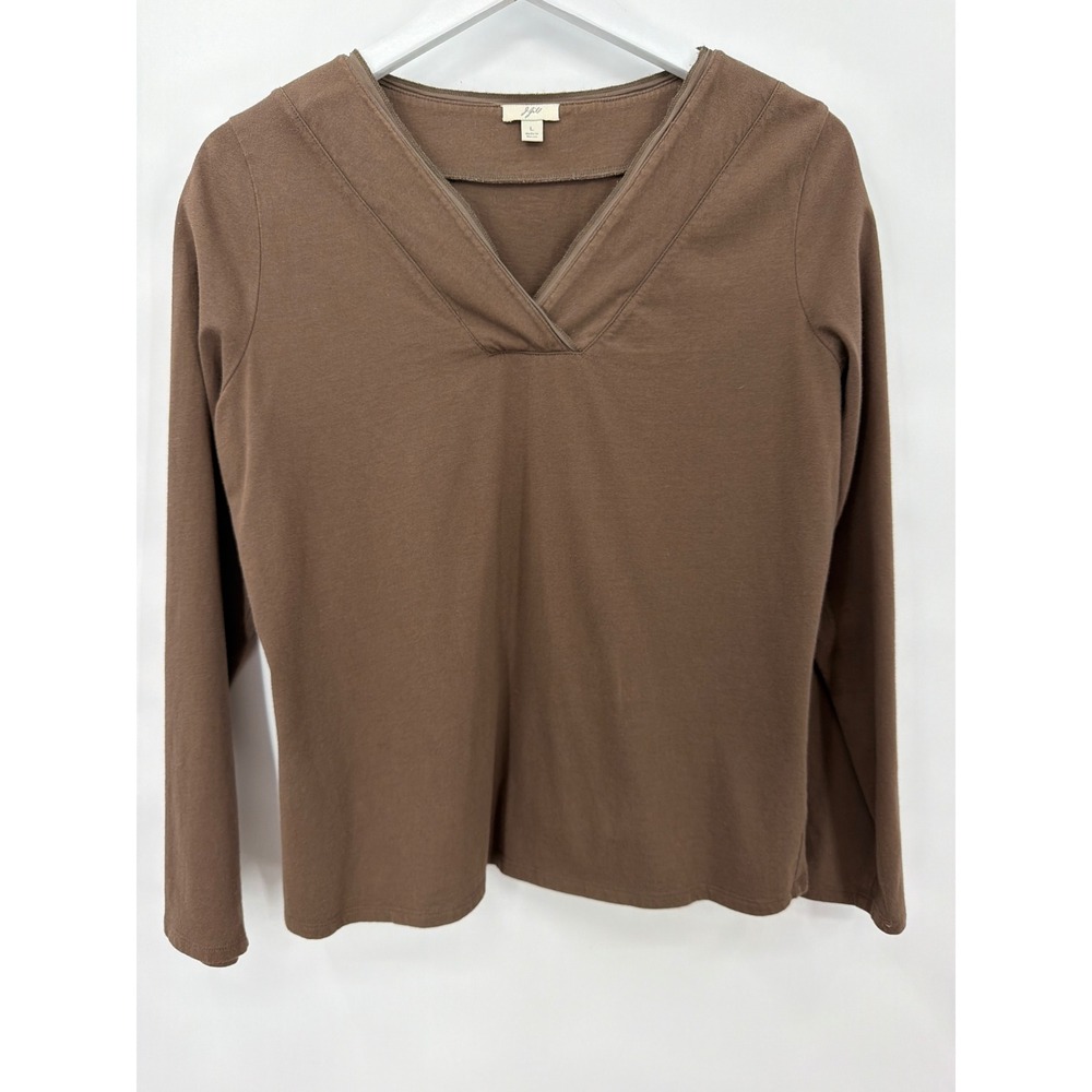 J. Jill Brown 100% Cotton Long Sleeve Split V-Neck Knit Top Large 627386